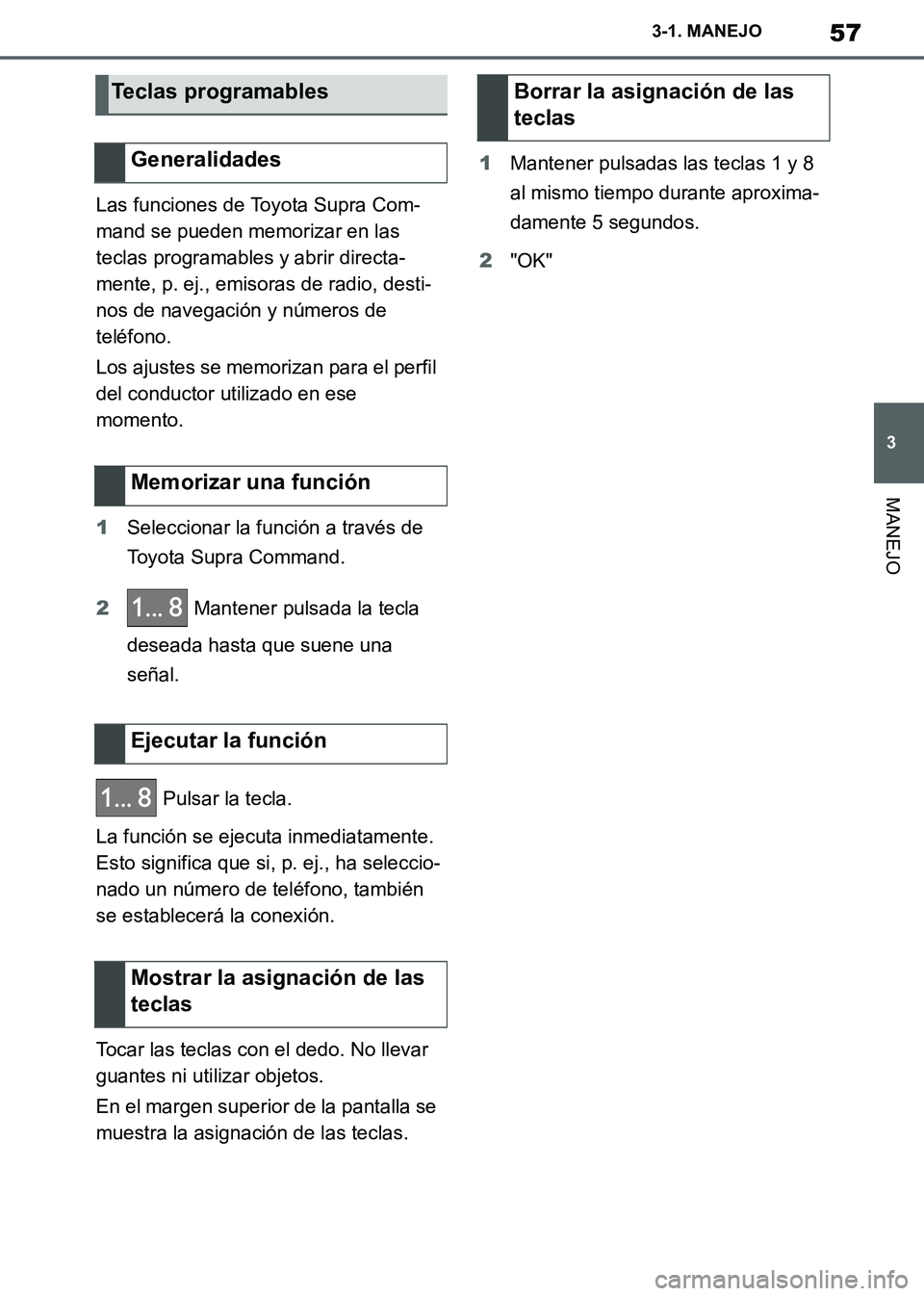 TOYOTA SUPRA 2019  Manuale de Empleo (in Spanish) 57
3
Supra Owners Manual_ES
3-1. MANEJO
MANEJO
Las funciones de Toyota Supra Com-
mand se pueden memorizar en las 
teclas programables y abrir directa-
mente, p. ej., emisoras de radio, desti-
nos de