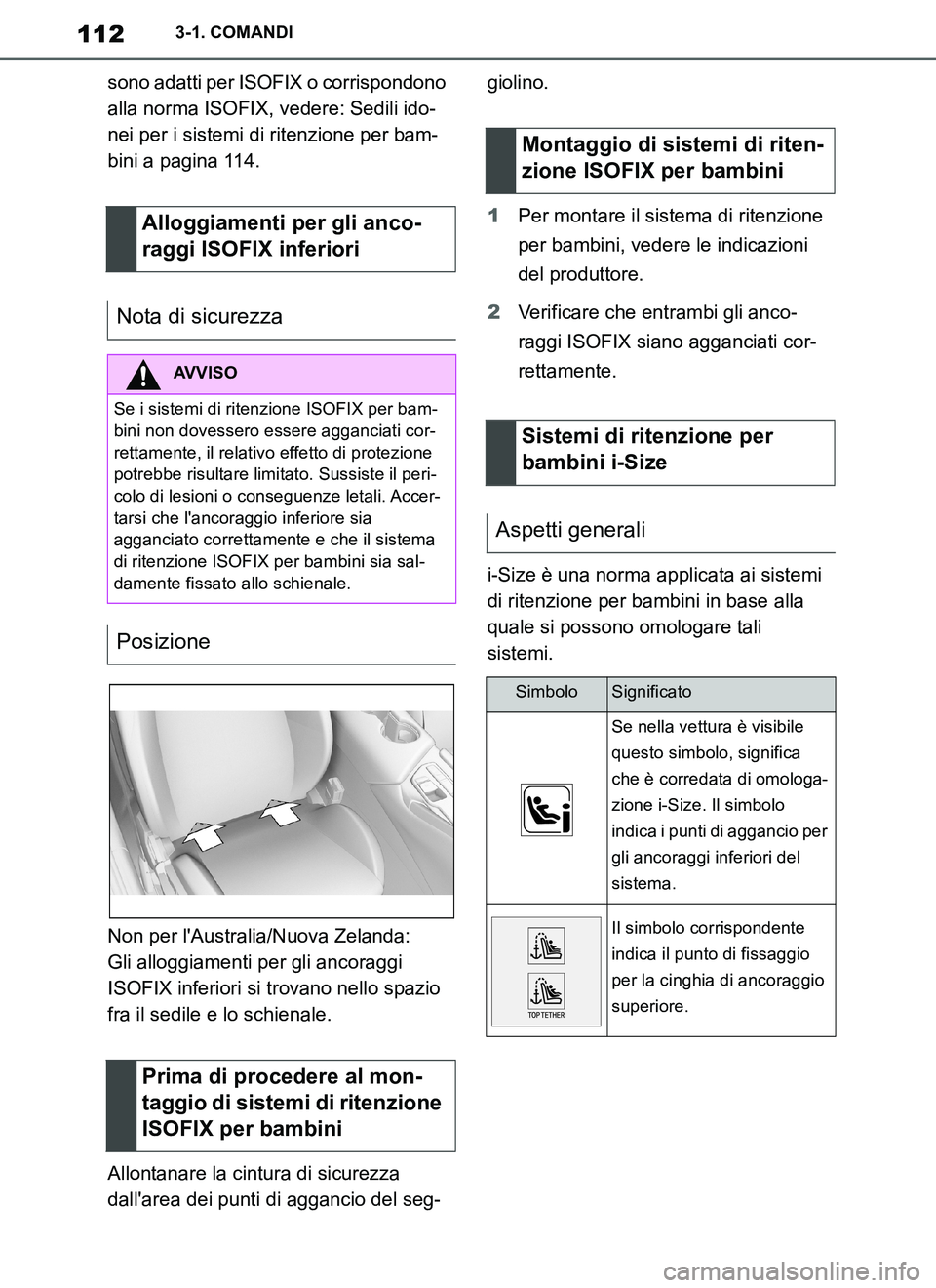 TOYOTA SUPRA 2019 Manuale duso (in Italian) 112
Supra Owners Manual_EL
3-1. COMANDI
sono adatti per ISOFIX o corrispondono
alla norma ISOFIX, vedere: Sedili ido-
nei per i sistemi di ritenzione per bam-
bini a pagina 114.
Non per lAustralia/ TOYOTA SUPRA 2019 Manuale duso (in Italian) 112
Supra Owners Manual_EL
3-1. COMANDI
sono adatti per ISOFIX o corrispondono
alla norma ISOFIX, vedere: Sedili ido-
nei per i sistemi di ritenzione per bam-
bini a pagina 114.
Non per lAustralia/