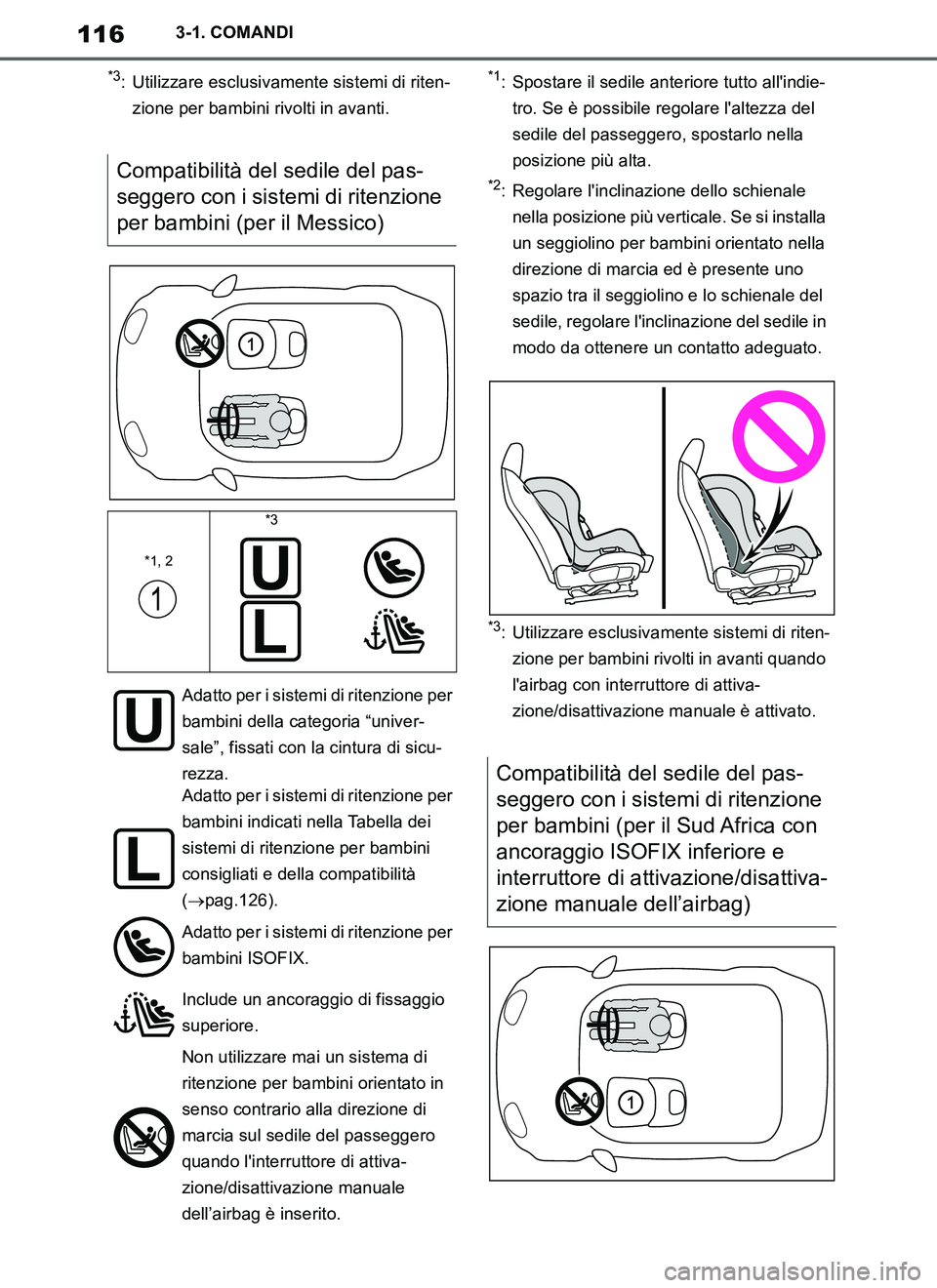 TOYOTA SUPRA 2019 Manuale duso (in Italian) 116
Supra Owners Manual_EL
3-1. COMANDI
*3: Utilizzare esclusivamente sistemi di riten-
zione per bambini rivolti in avanti.*1: Spostare il sedile anteriore tutto allindie-
tro. Se è possibile rego TOYOTA SUPRA 2019 Manuale duso (in Italian) 116
Supra Owners Manual_EL
3-1. COMANDI
*3: Utilizzare esclusivamente sistemi di riten-
zione per bambini rivolti in avanti.*1: Spostare il sedile anteriore tutto allindie-
tro. Se è possibile rego