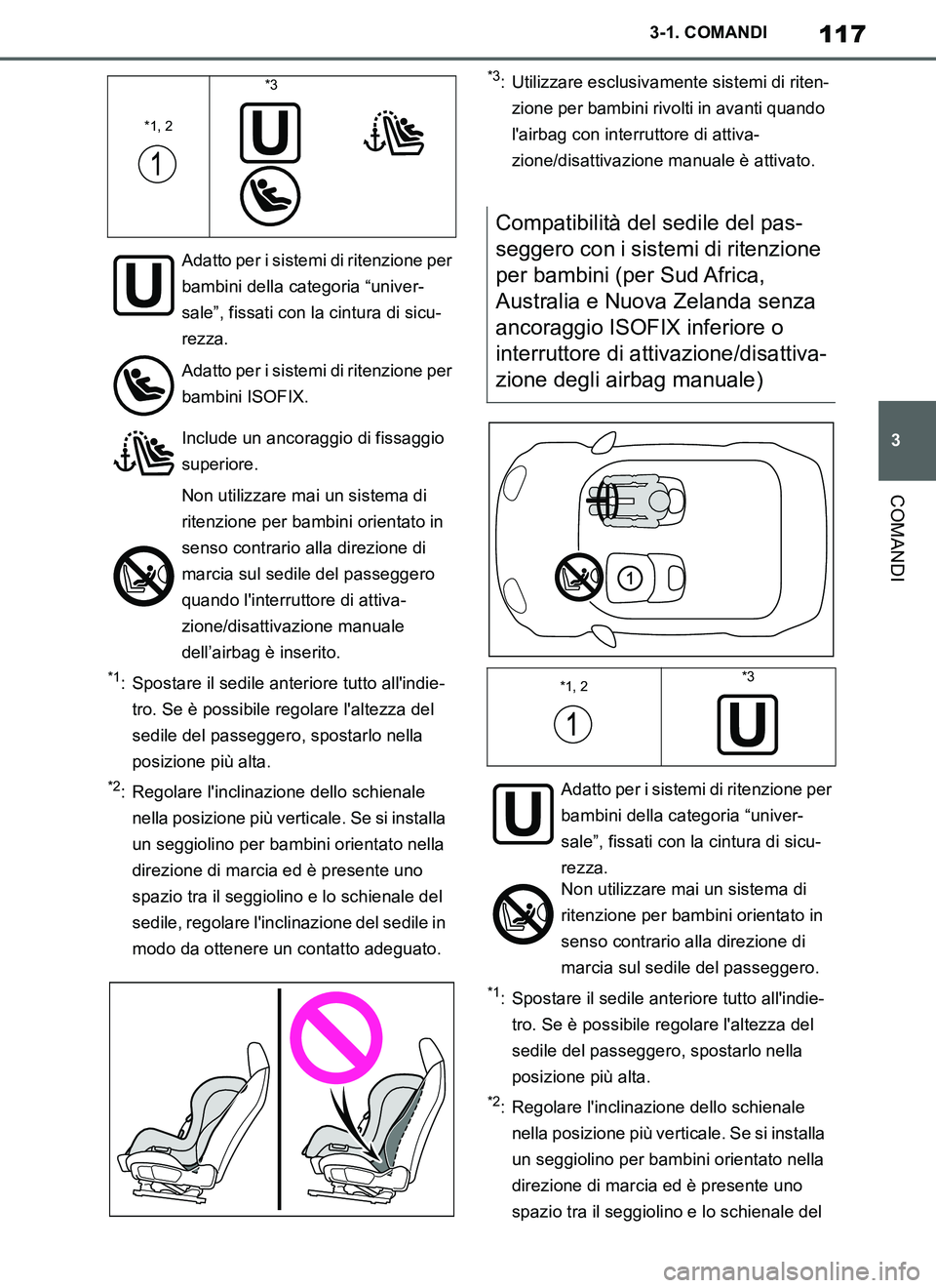 TOYOTA SUPRA 2019 Manuale duso (in Italian) 117
3
Supra Owners Manual_EL
3-1. COMANDI
COMANDI
*1: Spostare il sedile anteriore tutto allindie-
tro. Se è possibile regolare laltezza del
sedile del passeggero, spostarlo nella
posizione più TOYOTA SUPRA 2019 Manuale duso (in Italian) 117
3
Supra Owners Manual_EL
3-1. COMANDI
COMANDI
*1: Spostare il sedile anteriore tutto allindie-
tro. Se è possibile regolare laltezza del
sedile del passeggero, spostarlo nella
posizione più