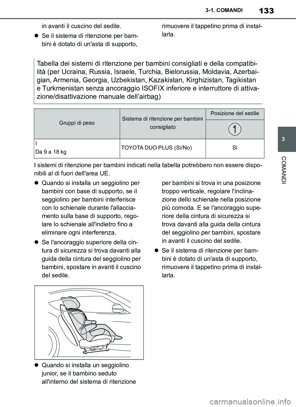 TOYOTA SUPRA 2019 Manuale duso (in Italian) 133
3
Supra Owners Manual_EL
3-1. COMANDI
COMANDI
in avanti il cuscino del sedile.
Se il sistema di ritenzione per bam-
bini è dotato di unasta di supporto, rimuovere il tappetino prima di insta TOYOTA SUPRA 2019 Manuale duso (in Italian) 133
3
Supra Owners Manual_EL
3-1. COMANDI
COMANDI
in avanti il cuscino del sedile.
Se il sistema di ritenzione per bam-
bini è dotato di unasta di supporto, rimuovere il tappetino prima di insta