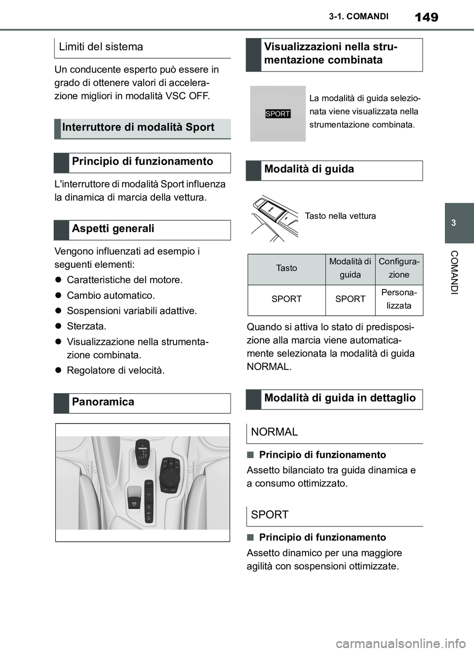 TOYOTA SUPRA 2019 Manuale duso (in Italian) 149
3
Supra Owners Manual_EL
3-1. COMANDI
COMANDI
Un conducente esperto può essere in
grado di ottenere valori di accelera-
zione migliori in modalità VSC OFF.
Linterruttore di modalità Sport in TOYOTA SUPRA 2019 Manuale duso (in Italian) 149
3
Supra Owners Manual_EL
3-1. COMANDI
COMANDI
Un conducente esperto può essere in
grado di ottenere valori di accelera-
zione migliori in modalità VSC OFF.
Linterruttore di modalità Sport in