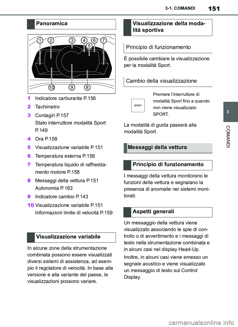 TOYOTA SUPRA 2019 Manuale duso (in Italian) 151
3
Supra Owners Manual_EL
3-1. COMANDI
COMANDI
1Indicatore carburante P.156
2Ta c h i m e t r o
3Contagiri P.157
Stato interruttore modalità Sport
P.149
4Ora P.158
5Visualizzazione variabile P.1 TOYOTA SUPRA 2019 Manuale duso (in Italian) 151
3
Supra Owners Manual_EL
3-1. COMANDI
COMANDI
1Indicatore carburante P.156
2Ta c h i m e t r o
3Contagiri P.157
Stato interruttore modalità Sport
P.149
4Ora P.158
5Visualizzazione variabile P.1