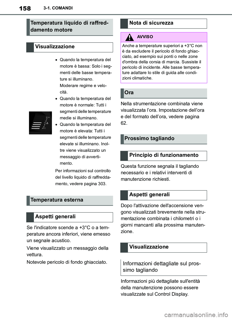 TOYOTA SUPRA 2019 Manuale duso (in Italian) 158
Supra Owners Manual_EL
3-1. COMANDI
Se lindicatore scende a +3°C o a tem-
perature ancora inferiori, viene emesso
un segnale acustico.
Viene visualizzato un messaggio della
vettura.
Notevole TOYOTA SUPRA 2019 Manuale duso (in Italian) 158
Supra Owners Manual_EL
3-1. COMANDI
Se lindicatore scende a +3°C o a tem-
perature ancora inferiori, viene emesso
un segnale acustico.
Viene visualizzato un messaggio della
vettura.
Notevole