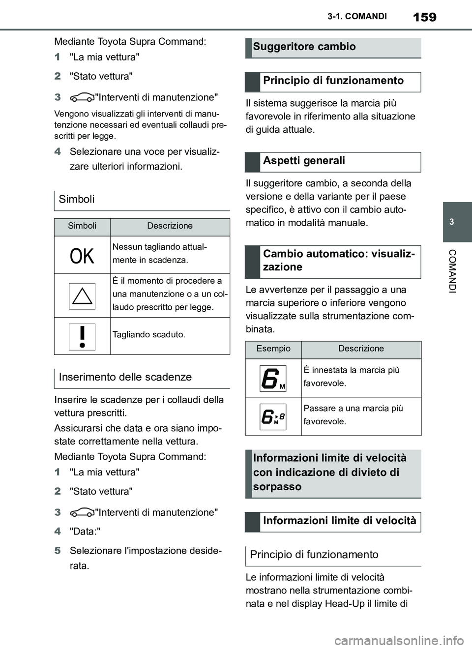 TOYOTA SUPRA 2019 Manuale duso (in Italian) 159
3
Supra Owners Manual_EL
3-1. COMANDI
COMANDI
Mediante Toyota Supra Command:
1"La mia vettura"
2"Stato vettura"
3"Interventi di manutenzione"
Vengono visualizzati gli interventi di manu-
tenzione TOYOTA SUPRA 2019 Manuale duso (in Italian) 159
3
Supra Owners Manual_EL
3-1. COMANDI
COMANDI
Mediante Toyota Supra Command:
1"La mia vettura"
2"Stato vettura"
3"Interventi di manutenzione"
Vengono visualizzati gli interventi di manu-
tenzione
