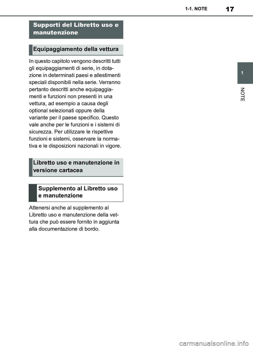 TOYOTA SUPRA 2019  Manuale duso (in Italian) 17
1
Supra Owners Manual_EL
1-1. NOTE
NOTE
In questo capitolo vengono descritti tutti 
gli equipaggiamenti di serie, in dota-
zione in determinati paesi e allestimenti 
speciali disponibili nella ser