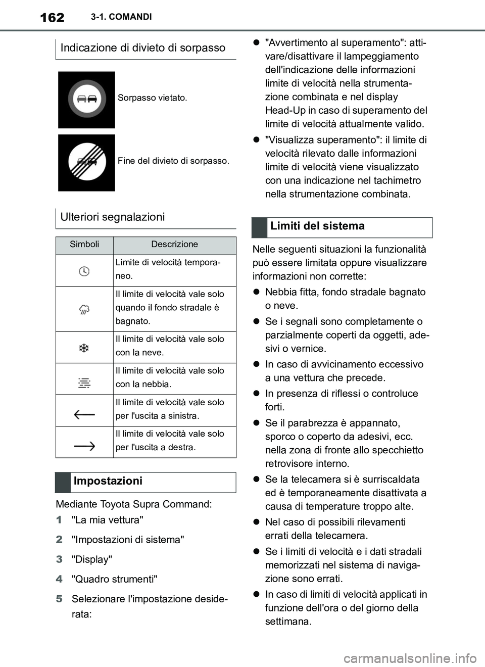 TOYOTA SUPRA 2019  Manuale duso (in Italian) 162
Supra Owners Manual_EL
3-1. COMANDI
Mediante Toyota Supra Command:
1"La mia vettura"
2"Impostazioni di sistema"
3"Display"
4"Quadro strumenti"
5Selezionare limpostazione deside-
rata:"Avverti