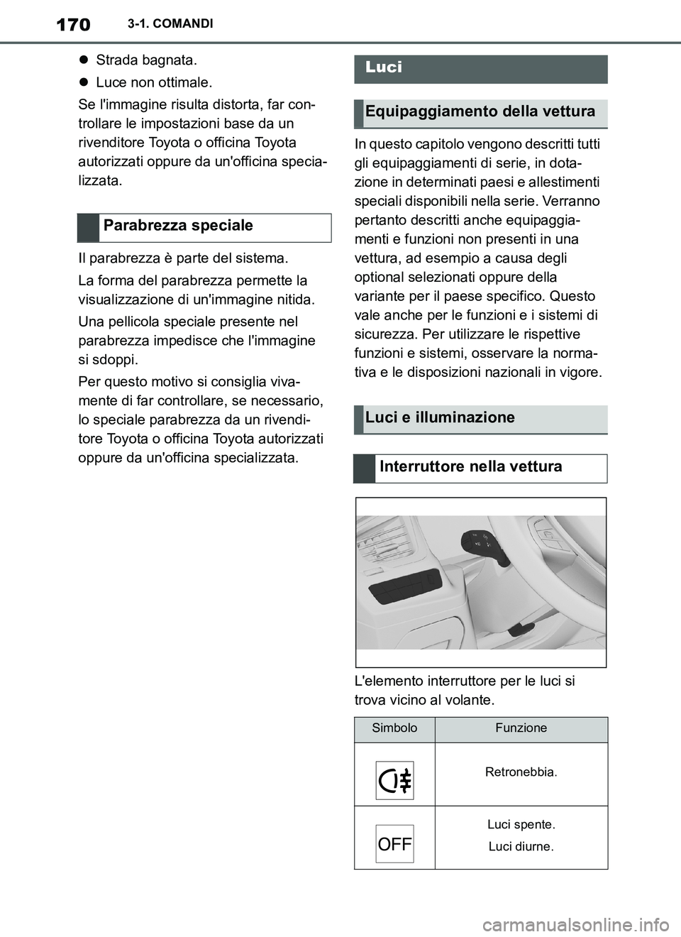 TOYOTA SUPRA 2019  Manuale duso (in Italian) 170
Supra Owners Manual_EL
3-1. COMANDI
Strada bagnata.
Luce non ottimale.
Se limmagine risulta distorta, far con-
trollare le impostazioni base da un 
rivenditore Toyota o officina Toyota 
au