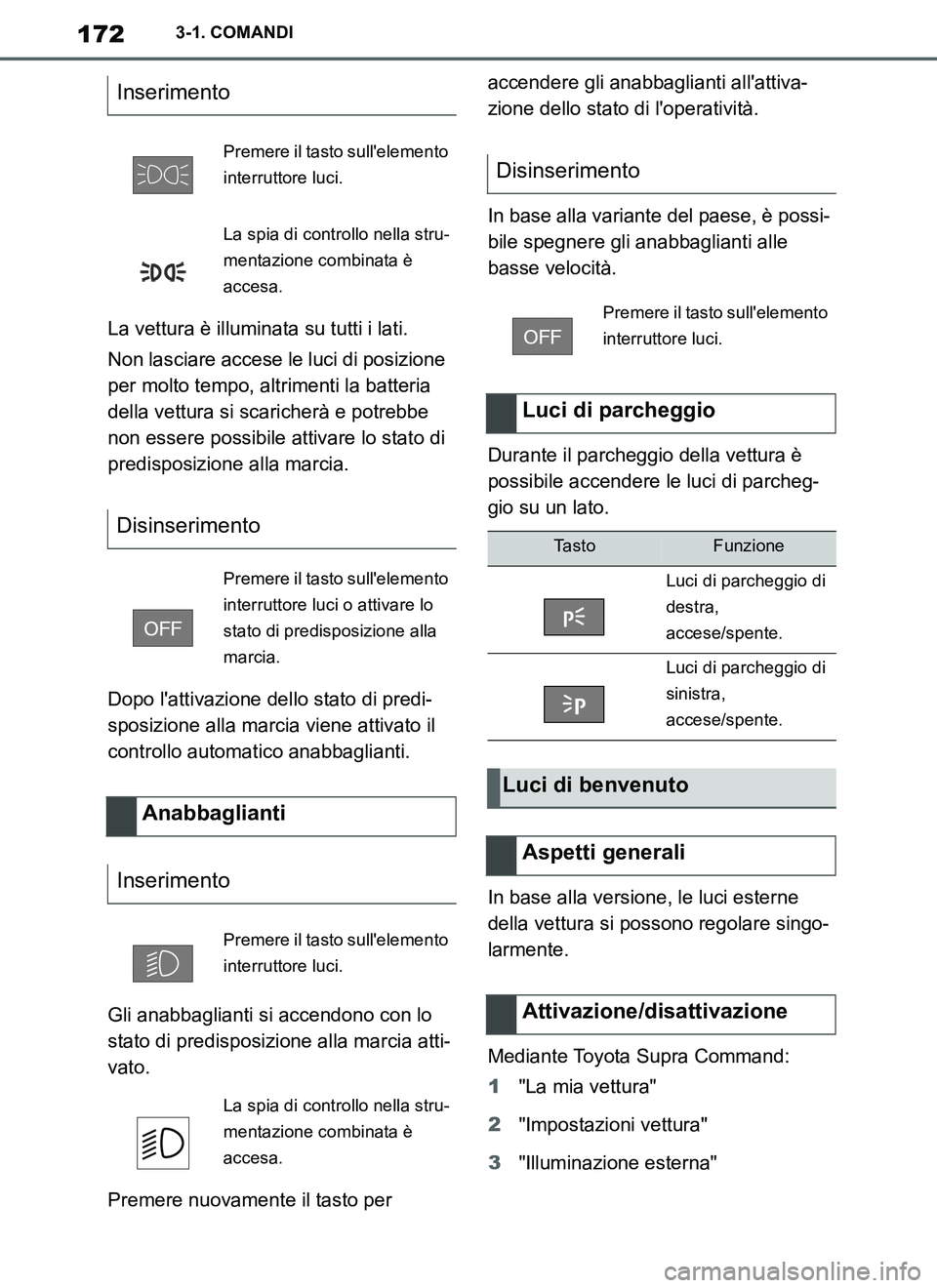 TOYOTA SUPRA 2019  Manuale duso (in Italian) 172
Supra Owners Manual_EL
3-1. COMANDI
La vettura è illuminata su tutti i lati.
Non lasciare accese le luci di posizione 
per molto tempo, altrimenti la batteria 
della vettura si scaricherà e pot