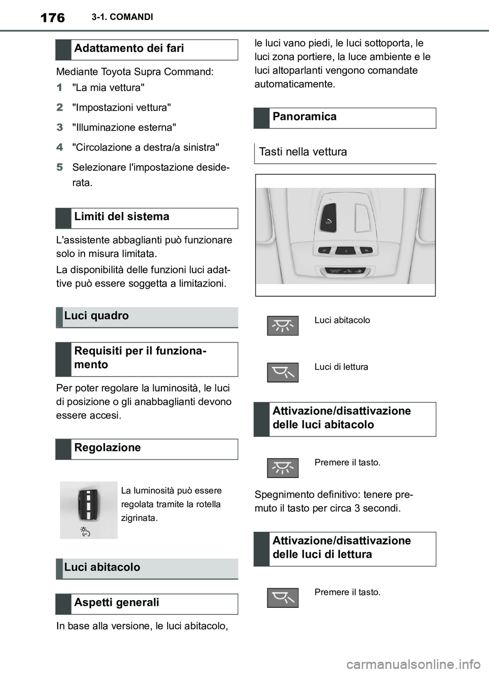 TOYOTA SUPRA 2019  Manuale duso (in Italian) 176
Supra Owners Manual_EL
3-1. COMANDI
Mediante Toyota Supra Command:
1"La mia vettura"
2"Impostazioni vettura"
3"Illuminazione esterna"
4"Circolazione a destra/a sinistra"
5Selezionare limpostazio