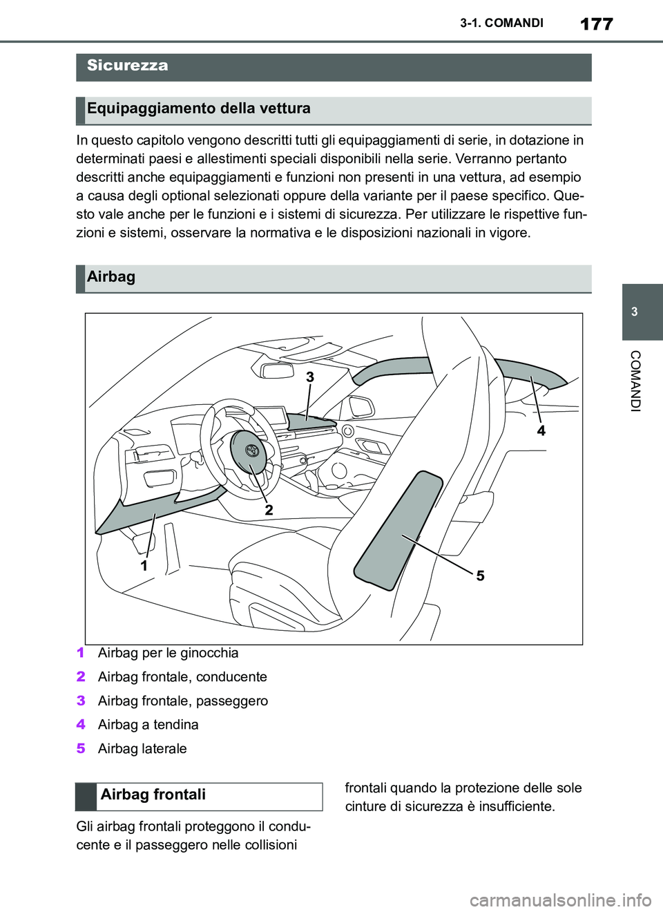 TOYOTA SUPRA 2019  Manuale duso (in Italian) 177
3
Supra Owners Manual_EL
3-1. COMANDI
COMANDI
In questo capitolo vengono descritti tutti gli equipaggiamenti di serie, in dotazione in 
determinati paesi e allestimenti speciali disponibili nella