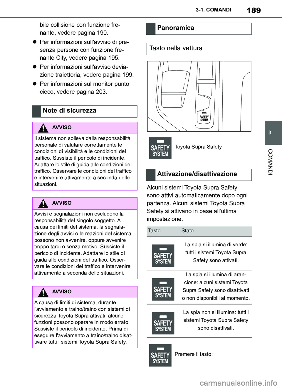 TOYOTA SUPRA 2019 Manuale duso (in Italian) 189
3
Supra Owners Manual_EL
3-1. COMANDI
COMANDI
bile collisione con funzione fre-
nante, vedere pagina 190.
Per informazioni sullavviso di pre-
senza persone con funzione fre-
nante City, veder TOYOTA SUPRA 2019 Manuale duso (in Italian) 189
3
Supra Owners Manual_EL
3-1. COMANDI
COMANDI
bile collisione con funzione fre-
nante, vedere pagina 190.
Per informazioni sullavviso di pre-
senza persone con funzione fre-
nante City, veder