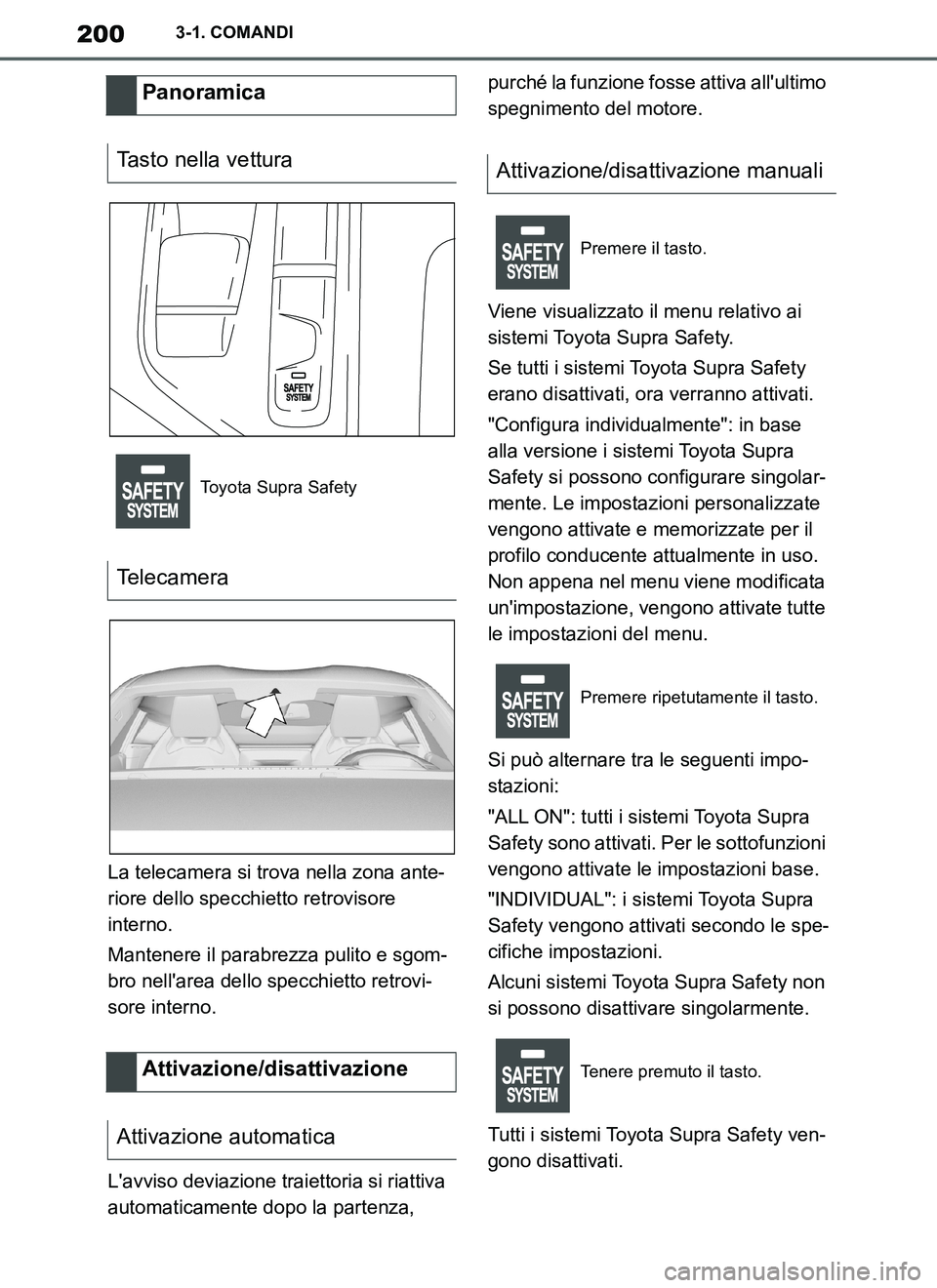 TOYOTA SUPRA 2019 Manuale duso (in Italian) 200
Supra Owners Manual_EL
3-1. COMANDI
La telecamera si trova nella zona ante-
riore dello specchietto retrovisore
interno.
Mantenere il parabrezza pulito e sgom-
bro nellarea dello specchietto re TOYOTA SUPRA 2019 Manuale duso (in Italian) 200
Supra Owners Manual_EL
3-1. COMANDI
La telecamera si trova nella zona ante-
riore dello specchietto retrovisore
interno.
Mantenere il parabrezza pulito e sgom-
bro nellarea dello specchietto re