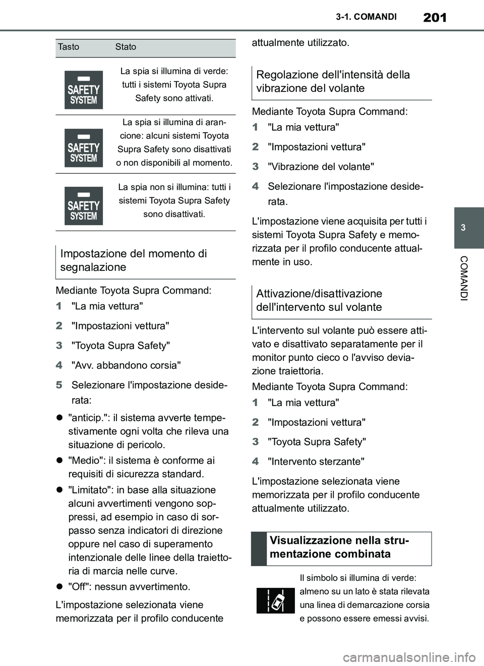 TOYOTA SUPRA 2019 Manuale duso (in Italian) 201
3
Supra Owners Manual_EL
3-1. COMANDI
COMANDI
Mediante Toyota Supra Command:
1"La mia vettura"
2"Impostazioni vettura"
3"Toyota Supra Safety"
4"Avv. abbandono corsia"
5Selezionare limpostazione TOYOTA SUPRA 2019 Manuale duso (in Italian) 201
3
Supra Owners Manual_EL
3-1. COMANDI
COMANDI
Mediante Toyota Supra Command:
1"La mia vettura"
2"Impostazioni vettura"
3"Toyota Supra Safety"
4"Avv. abbandono corsia"
5Selezionare limpostazione