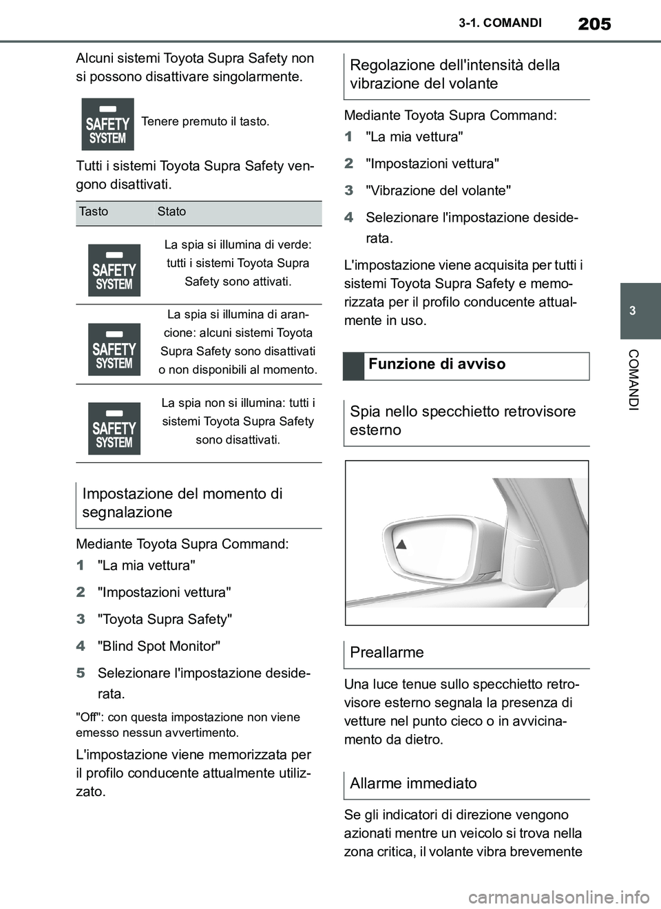 TOYOTA SUPRA 2019 Manuale duso (in Italian) 205
3
Supra Owners Manual_EL
3-1. COMANDI
COMANDI
Alcuni sistemi Toyota Supra Safety non
si possono disattivare singolarmente.
Tutti i sistemi Toyota Supra Safety ven-
gono disattivati.
Mediante Toy TOYOTA SUPRA 2019 Manuale duso (in Italian) 205
3
Supra Owners Manual_EL
3-1. COMANDI
COMANDI
Alcuni sistemi Toyota Supra Safety non
si possono disattivare singolarmente.
Tutti i sistemi Toyota Supra Safety ven-
gono disattivati.
Mediante Toy