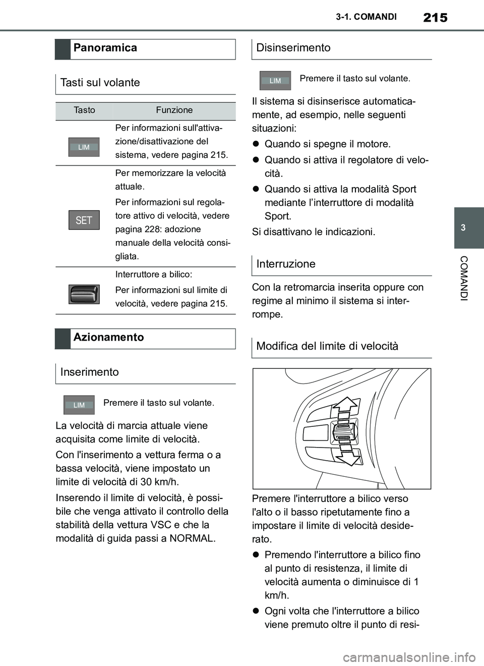 TOYOTA SUPRA 2019 Manuale duso (in Italian) 215
3
Supra Owners Manual_EL
3-1. COMANDI
COMANDI
La velocità di marcia attuale viene
acquisita come limite di velocità.
Con linserimento a vettura ferma o a
bassa velocità, viene impostato un TOYOTA SUPRA 2019 Manuale duso (in Italian) 215
3
Supra Owners Manual_EL
3-1. COMANDI
COMANDI
La velocità di marcia attuale viene
acquisita come limite di velocità.
Con linserimento a vettura ferma o a
bassa velocità, viene impostato un