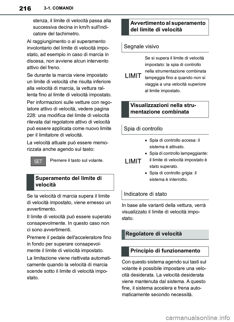 TOYOTA SUPRA 2019 Manuale duso (in Italian) 216
Supra Owners Manual_EL
3-1. COMANDI
stenza, il limite di velocità passa alla
successiva decina in km/h sullindi-
catore del tachimetro.
Al raggiungimento o al superamento
involontario del lim TOYOTA SUPRA 2019 Manuale duso (in Italian) 216
Supra Owners Manual_EL
3-1. COMANDI
stenza, il limite di velocità passa alla
successiva decina in km/h sullindi-
catore del tachimetro.
Al raggiungimento o al superamento
involontario del lim