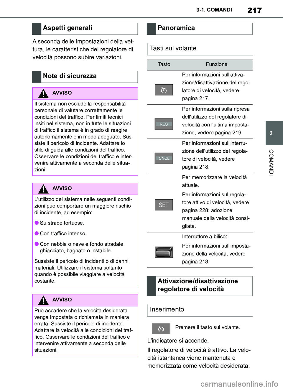TOYOTA SUPRA 2019 Manuale duso (in Italian) 217
3
Supra Owners Manual_EL
3-1. COMANDI
COMANDI
A seconda delle impostazioni della vet-
tura, le caratteristiche del regolatore di
velocità possono subire variazioni.
Lindicatore si accende.
Il TOYOTA SUPRA 2019 Manuale duso (in Italian) 217
3
Supra Owners Manual_EL
3-1. COMANDI
COMANDI
A seconda delle impostazioni della vet-
tura, le caratteristiche del regolatore di
velocità possono subire variazioni.
Lindicatore si accende.
Il