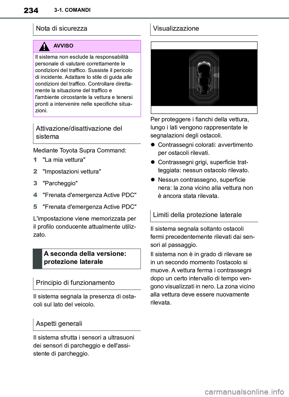TOYOTA SUPRA 2019  Manuale duso (in Italian) 234
Supra Owners Manual_EL
3-1. COMANDI
Mediante Toyota Supra Command:
1"La mia vettura"
2"Impostazioni vettura"
3"Parcheggio"
4"Frenata demergenza Active PDC"
5"Frenata demergenza Active PDC"
Lim