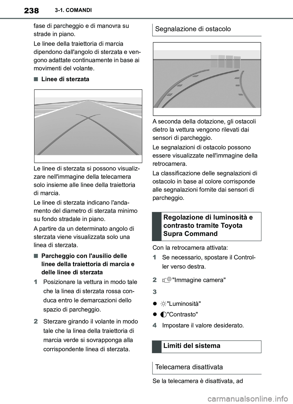 TOYOTA SUPRA 2019  Manuale duso (in Italian) 238
Supra Owners Manual_EL
3-1. COMANDI
fase di parcheggio e di manovra su 
strade in piano.
Le linee della traiettoria di marcia 
dipendono dallangolo di sterzata e ven-
gono adattate continuamente