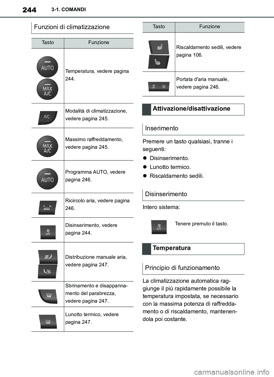 TOYOTA SUPRA 2019 Manuale duso (in Italian) 244
Supra Owners Manual_EL
3-1. COMANDI
Premere un tasto qualsiasi, tranne i
seguenti:
Disinserimento.
Lunotto termico.
Riscaldamento sedili.
Intero sistema:
La climatizzazione automatica r TOYOTA SUPRA 2019 Manuale duso (in Italian) 244
Supra Owners Manual_EL
3-1. COMANDI
Premere un tasto qualsiasi, tranne i
seguenti:
Disinserimento.
Lunotto termico.
Riscaldamento sedili.
Intero sistema:
La climatizzazione automatica r
