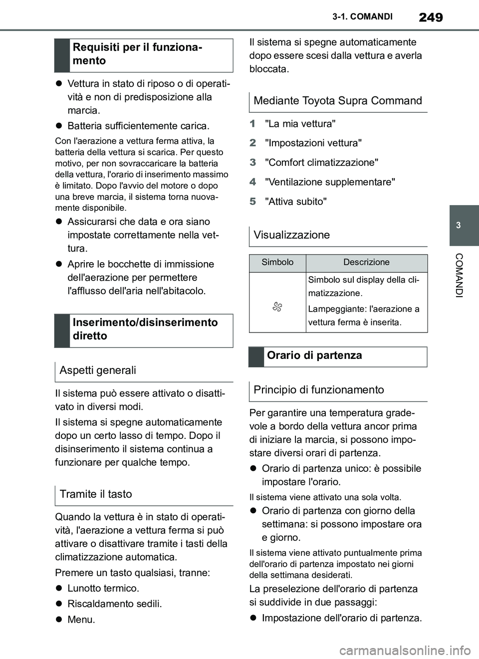 TOYOTA SUPRA 2019 Manuale duso (in Italian) 249
3
Supra Owners Manual_EL
3-1. COMANDI
COMANDI
Vettura in stato di riposo o di operati-
vità e non di predisposizione alla
marcia.
Batteria sufficientemente carica.
Con laerazione a vettu TOYOTA SUPRA 2019 Manuale duso (in Italian) 249
3
Supra Owners Manual_EL
3-1. COMANDI
COMANDI
Vettura in stato di riposo o di operati-
vità e non di predisposizione alla
marcia.
Batteria sufficientemente carica.
Con laerazione a vettu