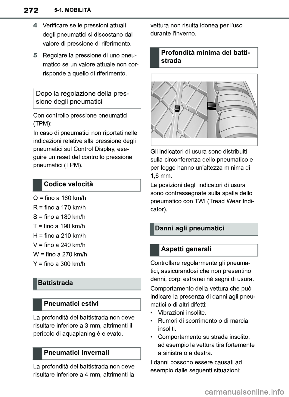 TOYOTA SUPRA 2019 Manuale duso (in Italian) 272
Supra Owners Manual_EL
5-1. MOBILITÀ
4Verificare se le pressioni attuali
degli pneumatici si discostano dal
valore di pressione di riferimento.
5Regolare la pressione di uno pneu-
matico se un TOYOTA SUPRA 2019 Manuale duso (in Italian) 272
Supra Owners Manual_EL
5-1. MOBILITÀ
4Verificare se le pressioni attuali
degli pneumatici si discostano dal
valore di pressione di riferimento.
5Regolare la pressione di uno pneu-
matico se un