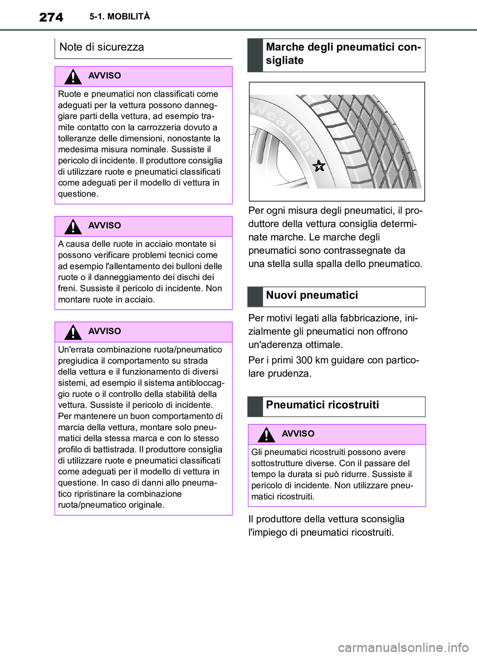 TOYOTA SUPRA 2019 Manuale duso (in Italian) 274
Supra Owners Manual_EL
5-1. MOBILITÀ
Per ogni misura degli pneumatici, il pro-
duttore della vettura consiglia determi-
nate marche. Le marche degli
pneumatici sono contrassegnate da
una stell TOYOTA SUPRA 2019 Manuale duso (in Italian) 274
Supra Owners Manual_EL
5-1. MOBILITÀ
Per ogni misura degli pneumatici, il pro-
duttore della vettura consiglia determi-
nate marche. Le marche degli
pneumatici sono contrassegnate da
una stell