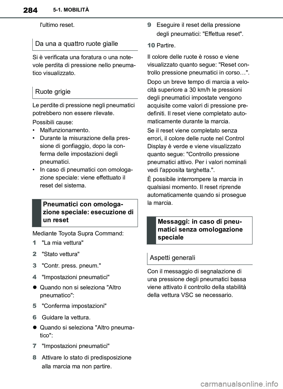 TOYOTA SUPRA 2019 Manuale duso (in Italian) 284
Supra Owners Manual_EL
5-1. MOBILITÀ
lultimo reset.
Si è verificata una foratura o una note-
vole perdita di pressione nello pneuma-
tico visualizzato.
Le perdite di pressione negli pneumatici TOYOTA SUPRA 2019 Manuale duso (in Italian) 284
Supra Owners Manual_EL
5-1. MOBILITÀ
lultimo reset.
Si è verificata una foratura o una note-
vole perdita di pressione nello pneuma-
tico visualizzato.
Le perdite di pressione negli pneumatici