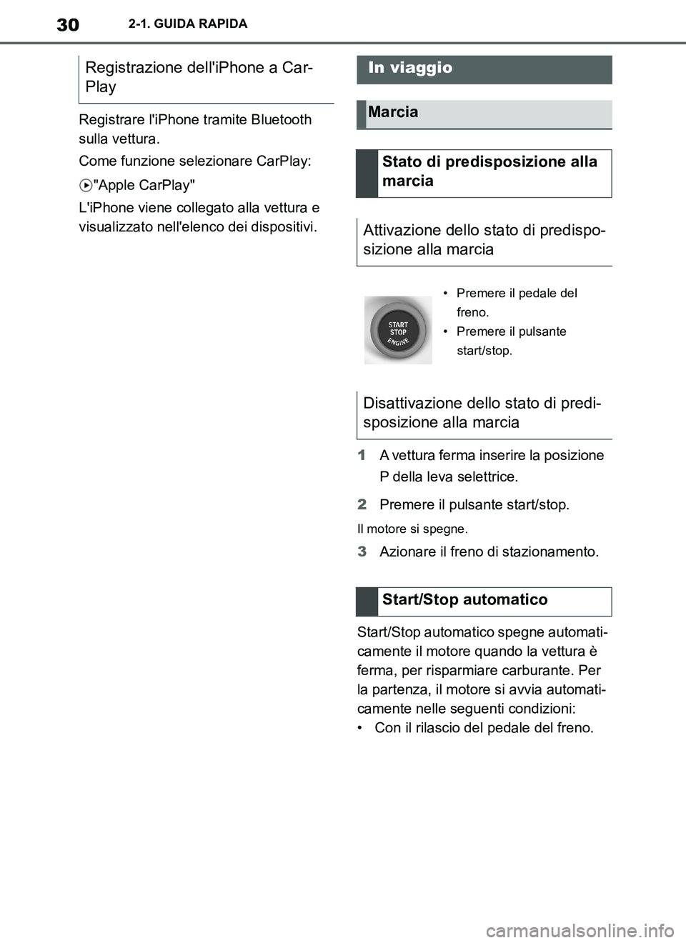 TOYOTA SUPRA 2019 Manuale duso (in Italian) 30
Supra Owners Manual_EL
2-1. GUIDA RAPIDA
Registrare liPhone tramite Bluetooth
sulla vettura.
Come funzione selezionare CarPlay:
"Apple CarPlay"
LiPhone viene collegato alla vettura e
visualizz TOYOTA SUPRA 2019 Manuale duso (in Italian) 30
Supra Owners Manual_EL
2-1. GUIDA RAPIDA
Registrare liPhone tramite Bluetooth
sulla vettura.
Come funzione selezionare CarPlay:
"Apple CarPlay"
LiPhone viene collegato alla vettura e
visualizz