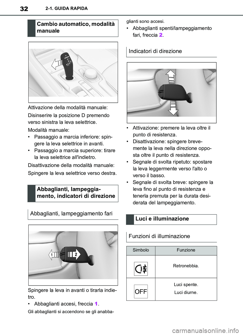 TOYOTA SUPRA 2019 Manuale duso (in Italian) 32
Supra Owners Manual_EL
2-1. GUIDA RAPIDA
Attivazione della modalità manuale:
Disinserire la posizione D premendo
verso sinistra la leva selettrice.
Modalità manuale:
• Passaggio a marcia infe TOYOTA SUPRA 2019 Manuale duso (in Italian) 32
Supra Owners Manual_EL
2-1. GUIDA RAPIDA
Attivazione della modalità manuale:
Disinserire la posizione D premendo
verso sinistra la leva selettrice.
Modalità manuale:
• Passaggio a marcia infe