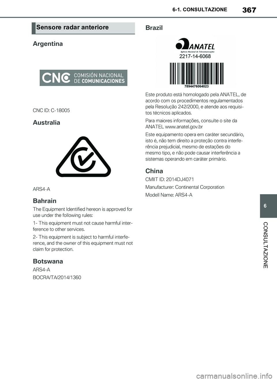 TOYOTA SUPRA 2019  Manuale duso (in Italian) 367
6
Supra Owners Manual_EL
6-1. CONSULTAZIONE
CONSULTAZIONE
Sensore radar anteriore
Supra_OM_Italian_OM99T09L.book  367 ページ  ２０１９年２月２０日　水曜日　午前１０時５７