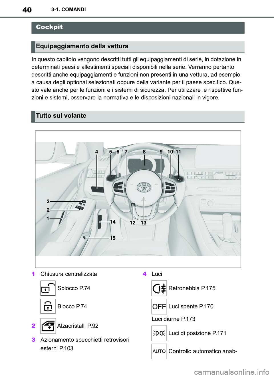 TOYOTA SUPRA 2019 Manuale duso (in Italian) 40
Supra Owners Manual_EL
3-1. COMANDI
3-1.COMANDI
In questo capitolo vengono descritti tutti gli equipaggiamenti di serie, in dotazione in
determinati paesi e allestimenti speciali disponibili nell TOYOTA SUPRA 2019 Manuale duso (in Italian) 40
Supra Owners Manual_EL
3-1. COMANDI
3-1.COMANDI
In questo capitolo vengono descritti tutti gli equipaggiamenti di serie, in dotazione in
determinati paesi e allestimenti speciali disponibili nell