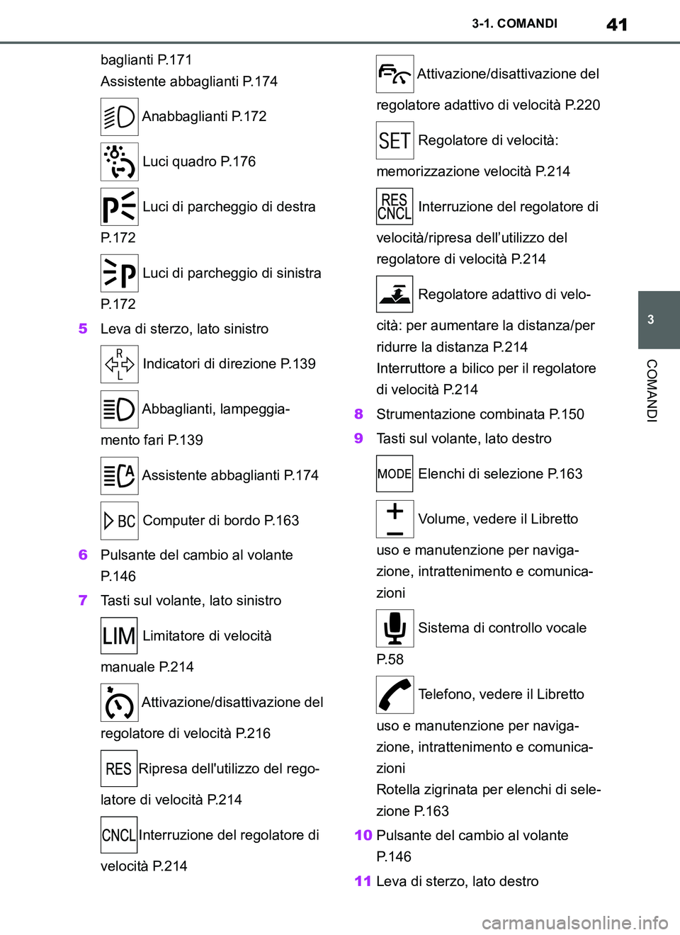TOYOTA SUPRA 2019  Manuale duso (in Italian) 41
3
Supra Owners Manual_EL
3-1. COMANDI
COMANDI
baglianti P.171
Assistente abbaglianti P.174
 Anabbaglianti P.172
 Luci quadro P.176
 Luci di parcheggio di destra 
P.172
 Luci di parcheggio di sinis