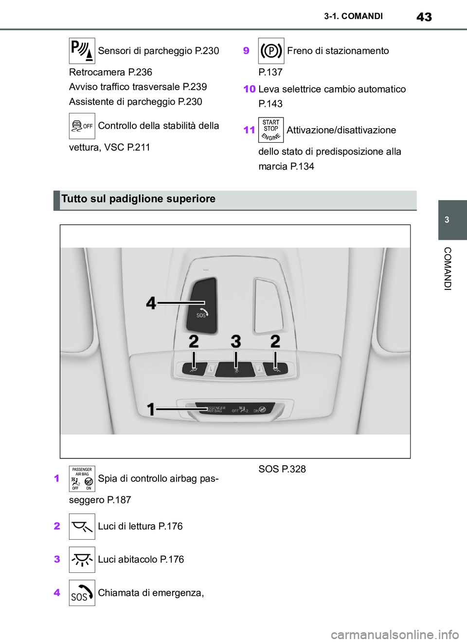 TOYOTA SUPRA 2019  Manuale duso (in Italian) 43
3
Supra Owners Manual_EL
3-1. COMANDI
COMANDI
 Sensori di parcheggio P.230
Retrocamera P.236
Avviso traffico trasversale P.239
Assistente di parcheggio P.230
 Controllo della stabilità della 
vet