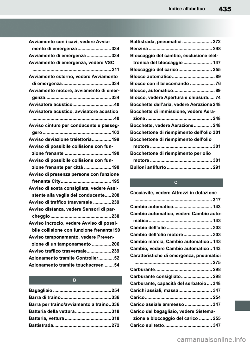 TOYOTA SUPRA 2019 Manuale duso (in Italian) 435
Supra Owners Manual_EL
Indice alfabetico
Avviamento con i cavi, vedere Avvia-
mento di emergenza .......................... 334
Avviamento di emergenza ................... 334
Avviamento di emerg TOYOTA SUPRA 2019 Manuale duso (in Italian) 435
Supra Owners Manual_EL
Indice alfabetico
Avviamento con i cavi, vedere Avvia-
mento di emergenza .......................... 334
Avviamento di emergenza ................... 334
Avviamento di emerg