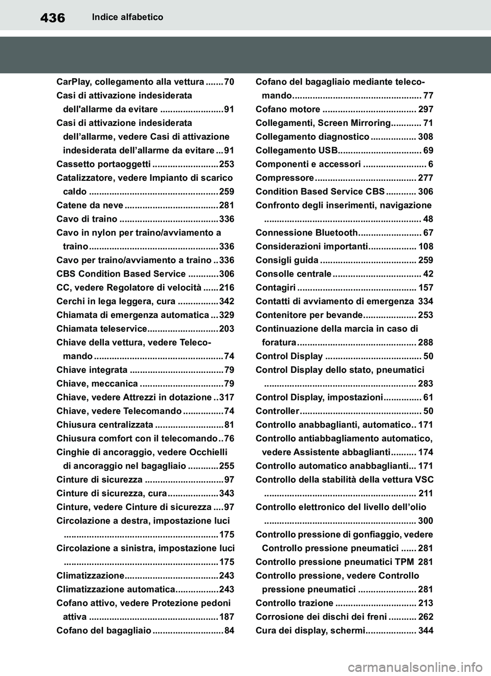 TOYOTA SUPRA 2019 Manuale duso (in Italian) 436
Supra Owners Manual_EL
Indice alfabetico
CarPlay, collegamento alla vettura ....... 70
Casi di attivazione indesiderata
dellallarme da evitare ......................... 91
Casi di attivazione i TOYOTA SUPRA 2019 Manuale duso (in Italian) 436
Supra Owners Manual_EL
Indice alfabetico
CarPlay, collegamento alla vettura ....... 70
Casi di attivazione indesiderata
dellallarme da evitare ......................... 91
Casi di attivazione i