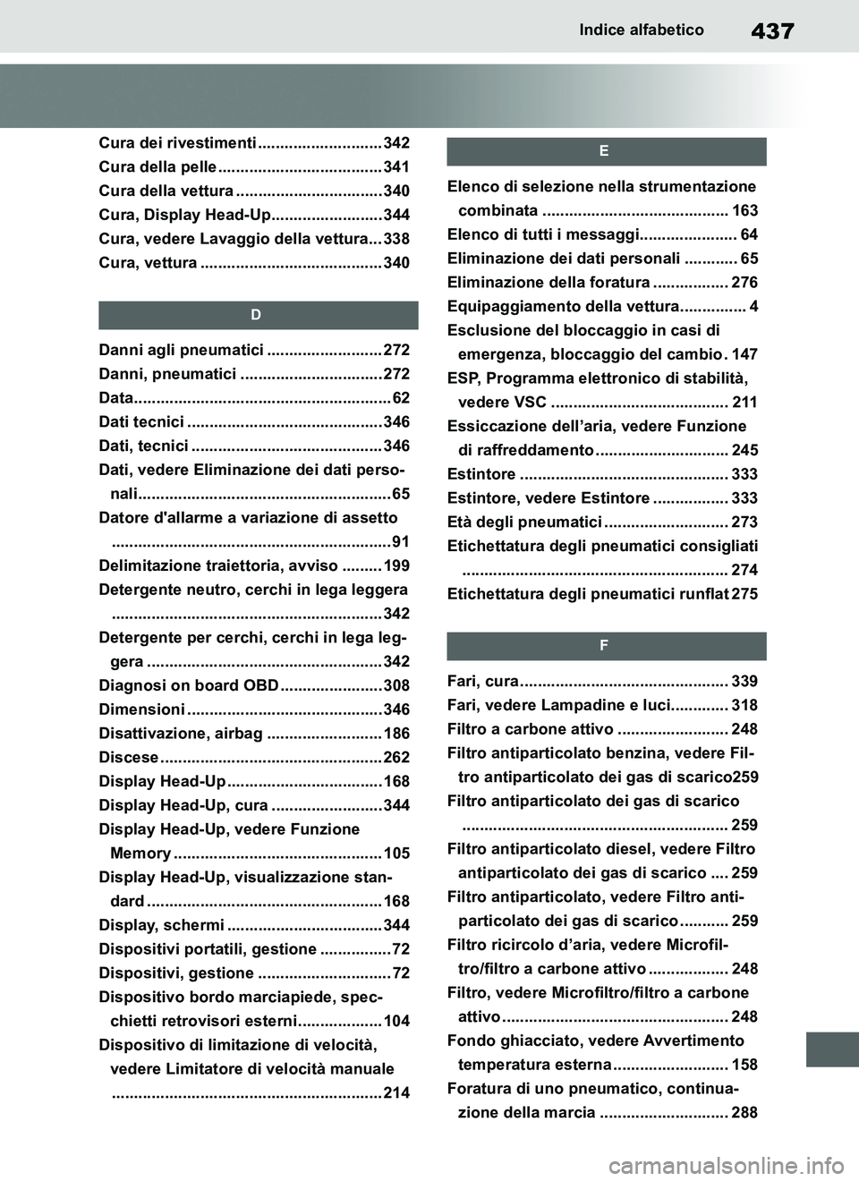 TOYOTA SUPRA 2019 Manuale duso (in Italian) 437
Supra Owners Manual_EL
Indice alfabetico
Cura dei rivestimenti ............................ 342
Cura della pelle ..................................... 341
Cura della vettura ..................... TOYOTA SUPRA 2019 Manuale duso (in Italian) 437
Supra Owners Manual_EL
Indice alfabetico
Cura dei rivestimenti ............................ 342
Cura della pelle ..................................... 341
Cura della vettura .....................