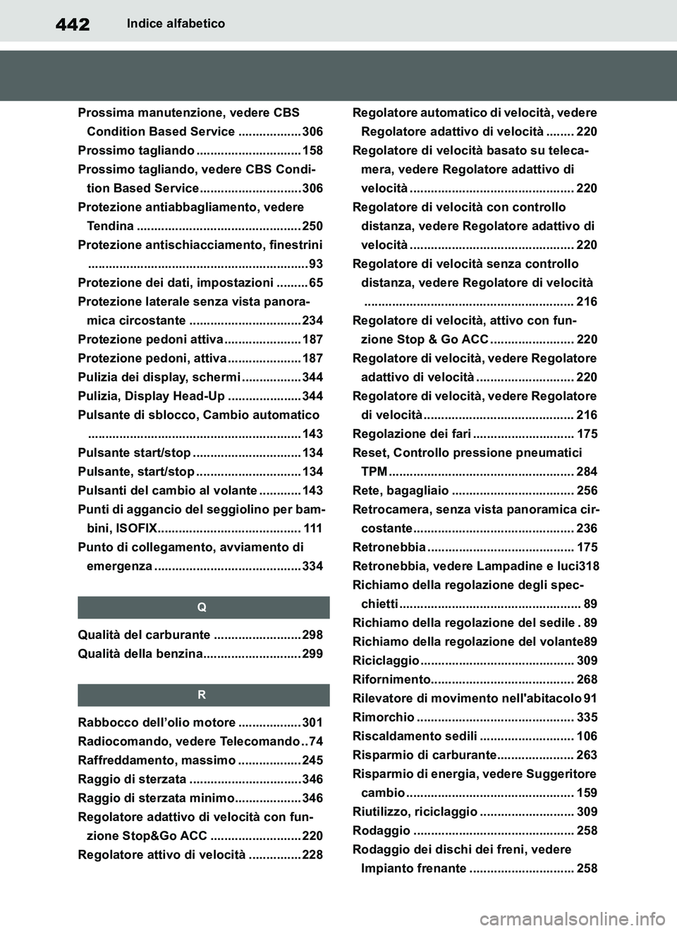 TOYOTA SUPRA 2019 Manuale duso (in Italian) 442
Supra Owners Manual_EL
Indice alfabetico
Prossima manutenzione, vedere CBS
Condition Based Service .................. 306
Prossimo tagliando .............................. 158
Prossimo tagliando TOYOTA SUPRA 2019 Manuale duso (in Italian) 442
Supra Owners Manual_EL
Indice alfabetico
Prossima manutenzione, vedere CBS
Condition Based Service .................. 306
Prossimo tagliando .............................. 158
Prossimo tagliando