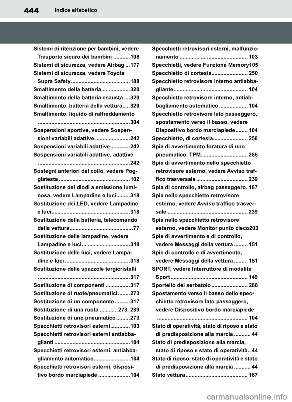 TOYOTA SUPRA 2019 Manuale duso (in Italian) 444
Supra Owners Manual_EL
Indice alfabetico
Sistemi di ritenzione per bambini, vedere
Trasporto sicuro dei bambini ........... 108
Sistemi di sicurezza, vedere Airbag ... 177
Sistemi di sicurezza, TOYOTA SUPRA 2019 Manuale duso (in Italian) 444
Supra Owners Manual_EL
Indice alfabetico
Sistemi di ritenzione per bambini, vedere
Trasporto sicuro dei bambini ........... 108
Sistemi di sicurezza, vedere Airbag ... 177
Sistemi di sicurezza,