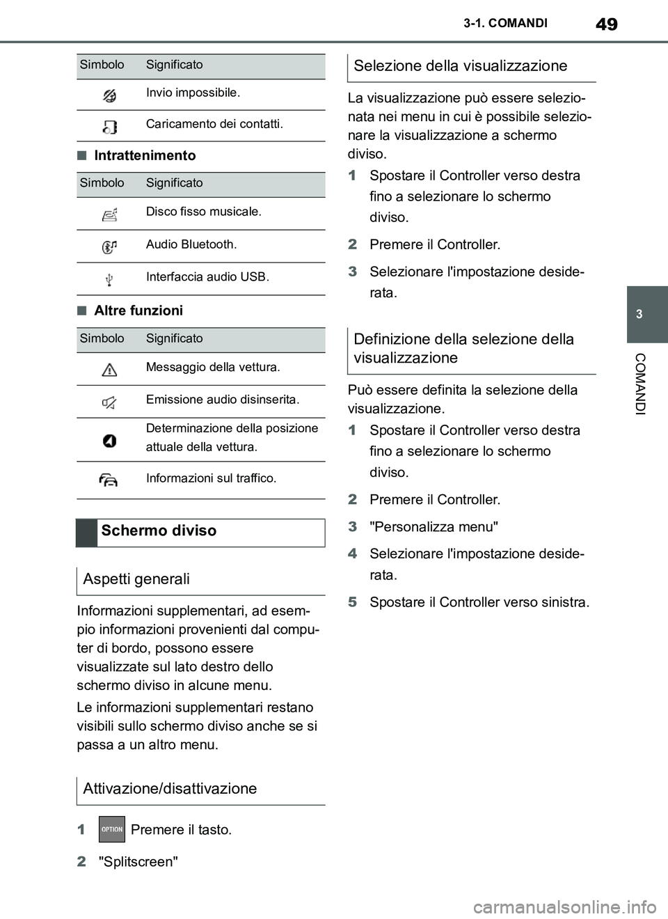 TOYOTA SUPRA 2019  Manuale duso (in Italian) 49
3
Supra Owners Manual_EL
3-1. COMANDI
COMANDI
■Intrattenimento
■Altre funzioni
Informazioni supplementari, ad esem-
pio informazioni provenienti dal compu-
ter di bordo, possono essere 
visual