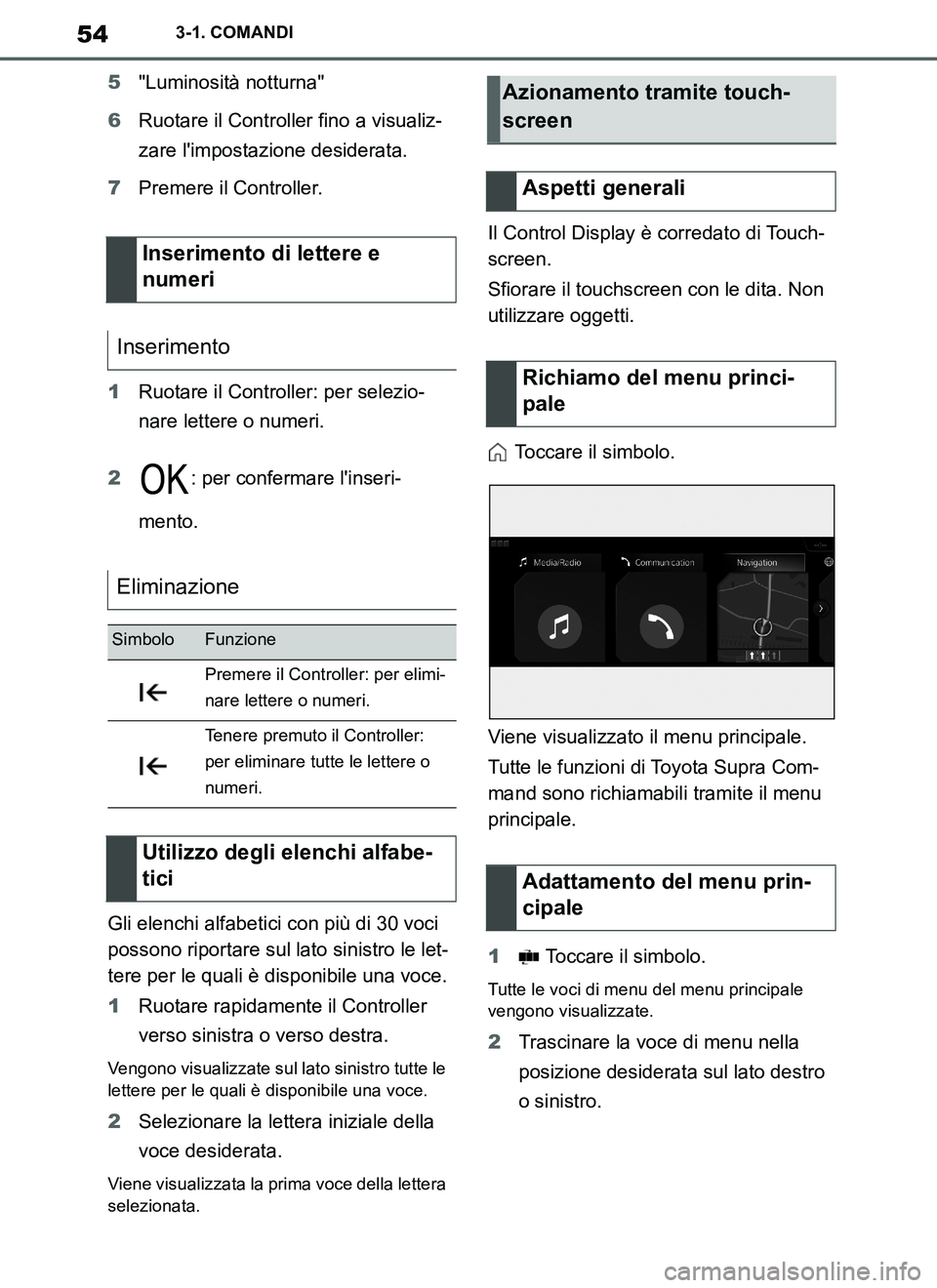 TOYOTA SUPRA 2019  Manuale duso (in Italian) 54
Supra Owners Manual_EL
3-1. COMANDI
5"Luminosità notturna"
6Ruotare il Controller fino a visualiz-
zare limpostazione desiderata.
7Premere il Controller.
1Ruotare il Controller: per selezio-
nar