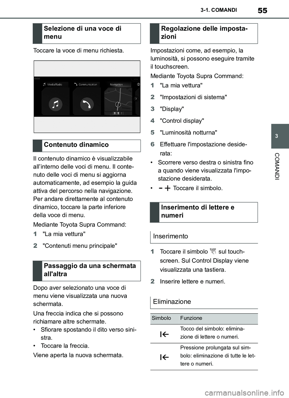 TOYOTA SUPRA 2019  Manuale duso (in Italian) 55
3
Supra Owners Manual_EL
3-1. COMANDI
COMANDI
Toccare la voce di menu richiesta.
Il contenuto dinamico è visualizzabile 
all’interno delle voci di menu. Il conte-
nuto delle voci di menu si agg