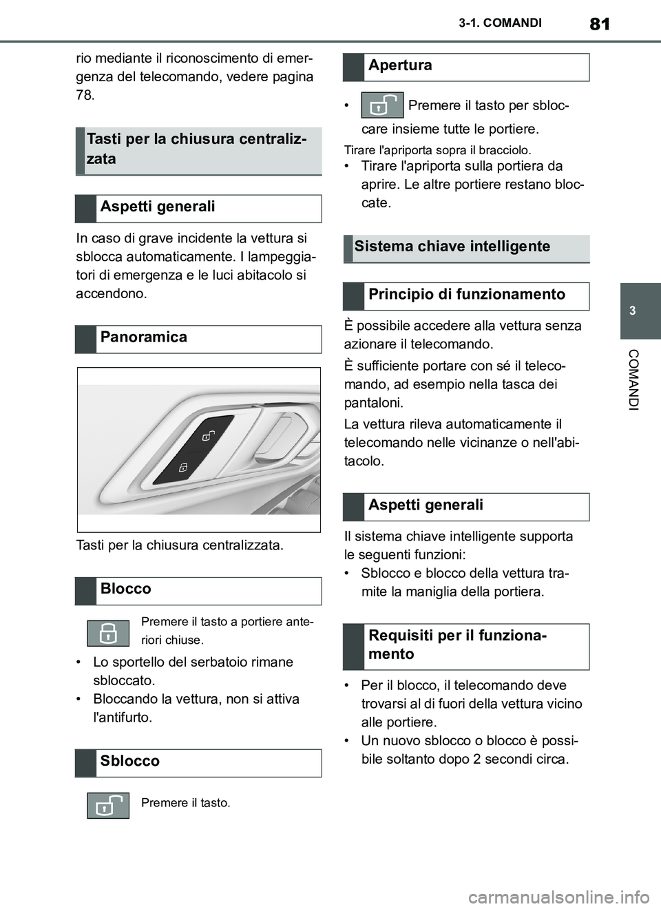 TOYOTA SUPRA 2019  Manuale duso (in Italian) 81
3
Supra Owners Manual_EL
3-1. COMANDI
COMANDI
rio mediante il riconoscimento di emer-
genza del telecomando, vedere pagina 
78.
In caso di grave incidente la vettura si 
sblocca automaticamente. I