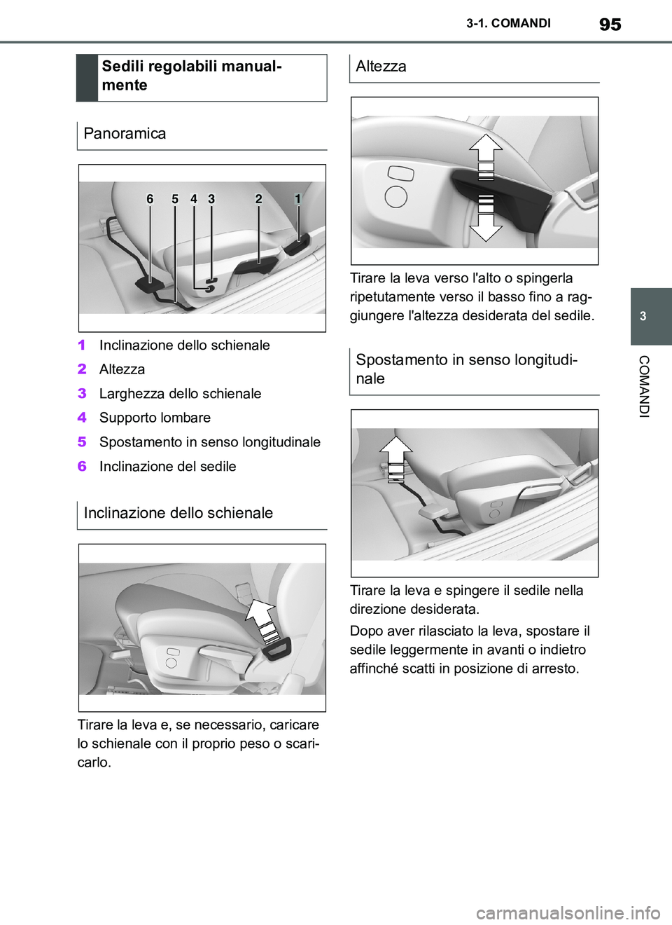 TOYOTA SUPRA 2019  Manuale duso (in Italian) 95
3
Supra Owners Manual_EL
3-1. COMANDI
COMANDI1Inclinazione dello schienale
2Altezza
3Larghezza dello schienale
4Supporto lombare
5Spostamento in senso longitudinale
6Inclinazione del sedile
Tirare