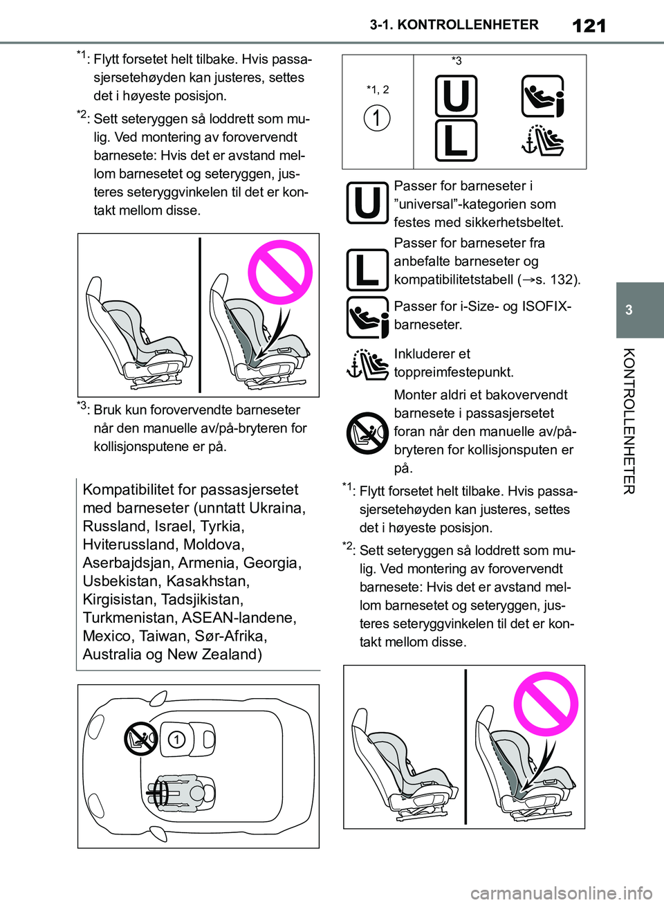 TOYOTA SUPRA 2019 Instruksjoner for bruk (in Norwegian) 121
3
Brukerhåndbok for Supra 3-1. KONTROLLENHETER
KONTROLLENHETER
*1: Flytt forsetet helt tilbake. Hvis passa-
sjersetehøyden kan justeres, settes
det i høyeste posisjon.
*2: Sett seteryggen så TOYOTA SUPRA 2019 Instruksjoner for bruk (in Norwegian) 121
3
Brukerhåndbok for Supra 3-1. KONTROLLENHETER
KONTROLLENHETER
*1: Flytt forsetet helt tilbake. Hvis passa-
sjersetehøyden kan justeres, settes
det i høyeste posisjon.
*2: Sett seteryggen så
