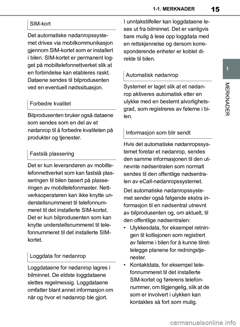 TOYOTA SUPRA 2019 Instruksjoner for bruk (in Norwegian) 15
1
Brukerhåndbok for Supra 1-1. MERKNADER
MERKNADER
Det automatiske nødanropssyste-
met drives via mobilkommunikasjon
gjennom SIM-kortet som er installert
i bilen. SIM-kortet er permanent log-
g TOYOTA SUPRA 2019 Instruksjoner for bruk (in Norwegian) 15
1
Brukerhåndbok for Supra 1-1. MERKNADER
MERKNADER
Det automatiske nødanropssyste-
met drives via mobilkommunikasjon
gjennom SIM-kortet som er installert
i bilen. SIM-kortet er permanent log-
g
