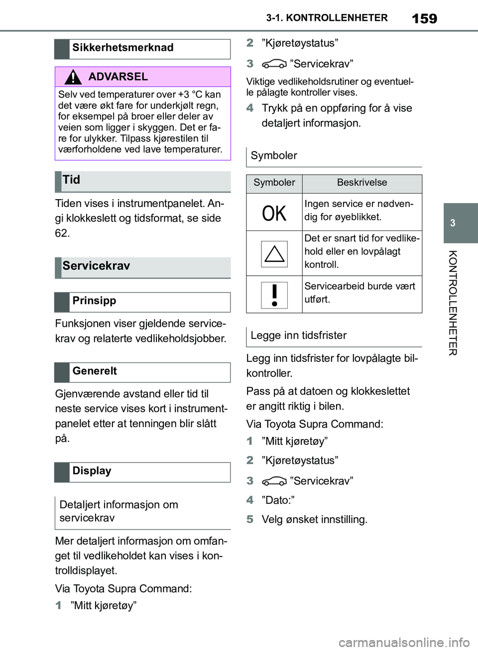 TOYOTA SUPRA 2019  Instruksjoner for bruk (in Norwegian) 159
3
Brukerhåndbok for Supra 3-1. KONTROLLENHETER
KONTROLLENHETER
Tiden vises i instrumentpanelet. An-
gi klokkeslett og tidsformat, se side 
62.
Funksjonen viser gjeldende service-
krav og relatert
