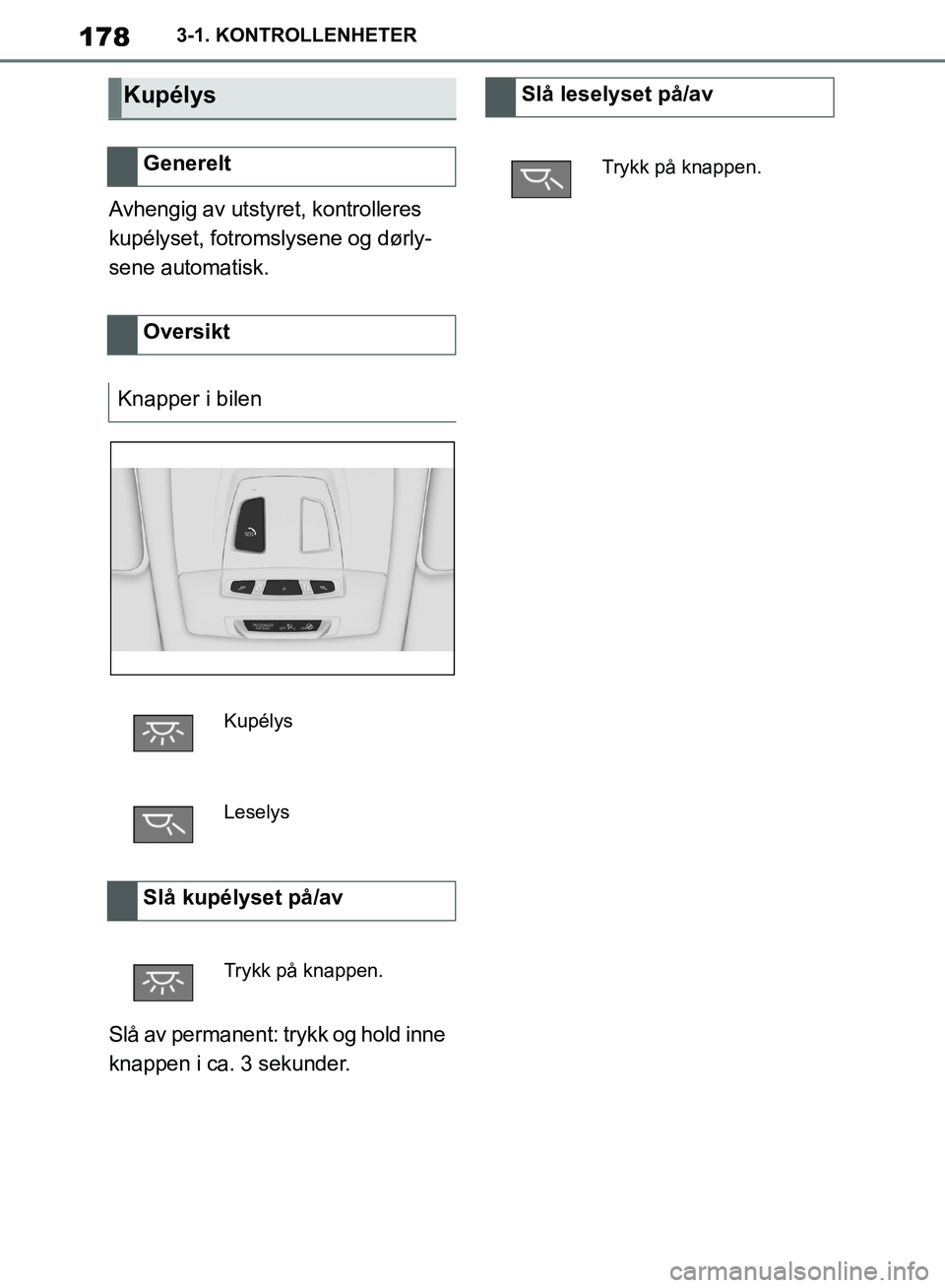 TOYOTA SUPRA 2019 Instruksjoner for bruk (in Norwegian) 178
Brukerhåndbok for Supra3-1. KONTROLLENHETER
Avhengig av utstyret, kontrolleres
kupélyset, fotromslysene og dørly-
sene automatisk.
Slå av permanent: trykk og hold inne
knappen i ca. 3 sekund TOYOTA SUPRA 2019 Instruksjoner for bruk (in Norwegian) 178
Brukerhåndbok for Supra3-1. KONTROLLENHETER
Avhengig av utstyret, kontrolleres
kupélyset, fotromslysene og dørly-
sene automatisk.
Slå av permanent: trykk og hold inne
knappen i ca. 3 sekund