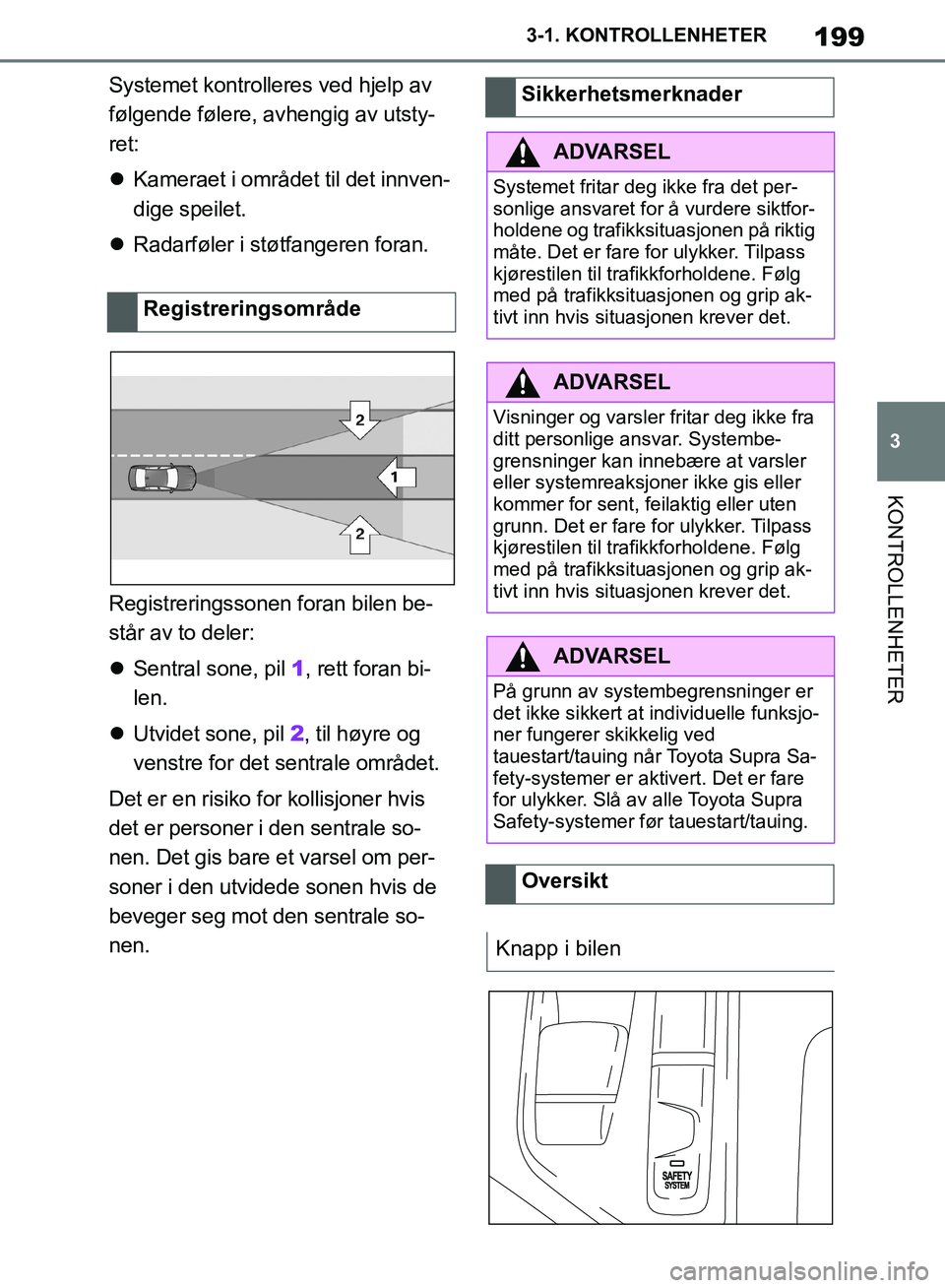 TOYOTA SUPRA 2019 Instruksjoner for bruk (in Norwegian) 199
3
Brukerhåndbok for Supra 3-1. KONTROLLENHETER
KONTROLLENHETER
Systemet kontrolleres ved hjelp av
følgende følere, avhengig av utsty-
ret:
Kameraet i området til det innven-
dige speilet. TOYOTA SUPRA 2019 Instruksjoner for bruk (in Norwegian) 199
3
Brukerhåndbok for Supra 3-1. KONTROLLENHETER
KONTROLLENHETER
Systemet kontrolleres ved hjelp av
følgende følere, avhengig av utsty-
ret:
Kameraet i området til det innven-
dige speilet.